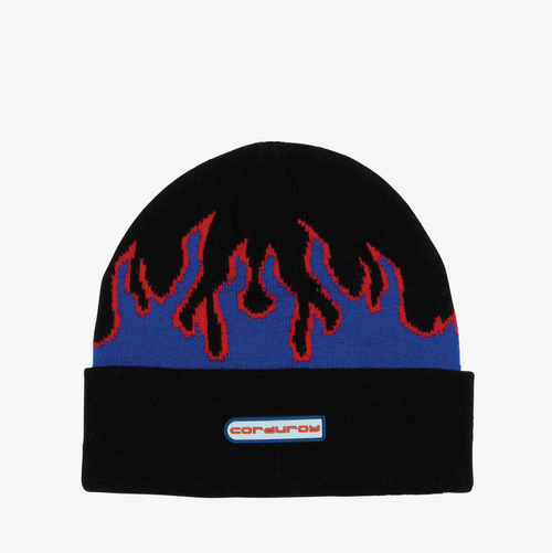 Black and Blue Flame Corduroy Snowboard Beanie