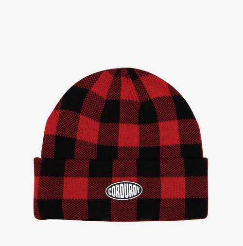 Red Plaid Corduroy Fuzz Snowboard Beanie