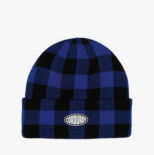 Blue Plaid Corduroy Fuzz Snowboard Beanie